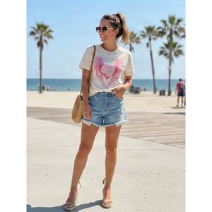 Ivory Soft T-Shirt with Pink Rhinestone Love Heart & Wings - Size M